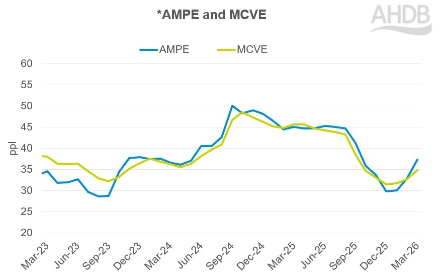 Line chart comparing AMPE and MCVE values over the past three years